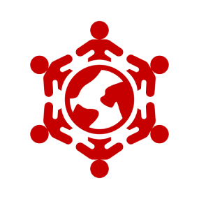 Red people figures surrounding a globe.