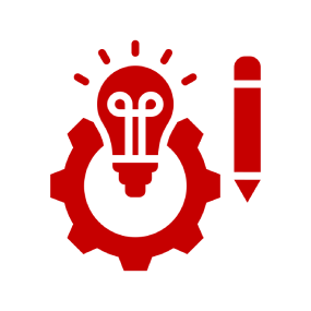 Red gear, lightbulb, and pencil on black.