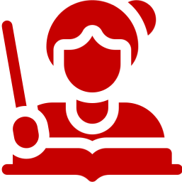 Red teacher icon with book and pointer.